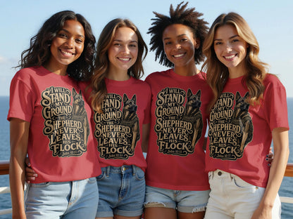 Four women wear red t-shirts with a German Shepherd graphic and Bible verse.