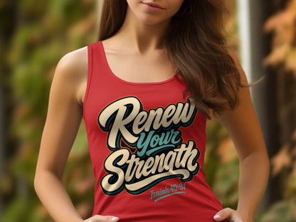 Red tank top with "Renew Your Strength Isaiah 40:31" text.