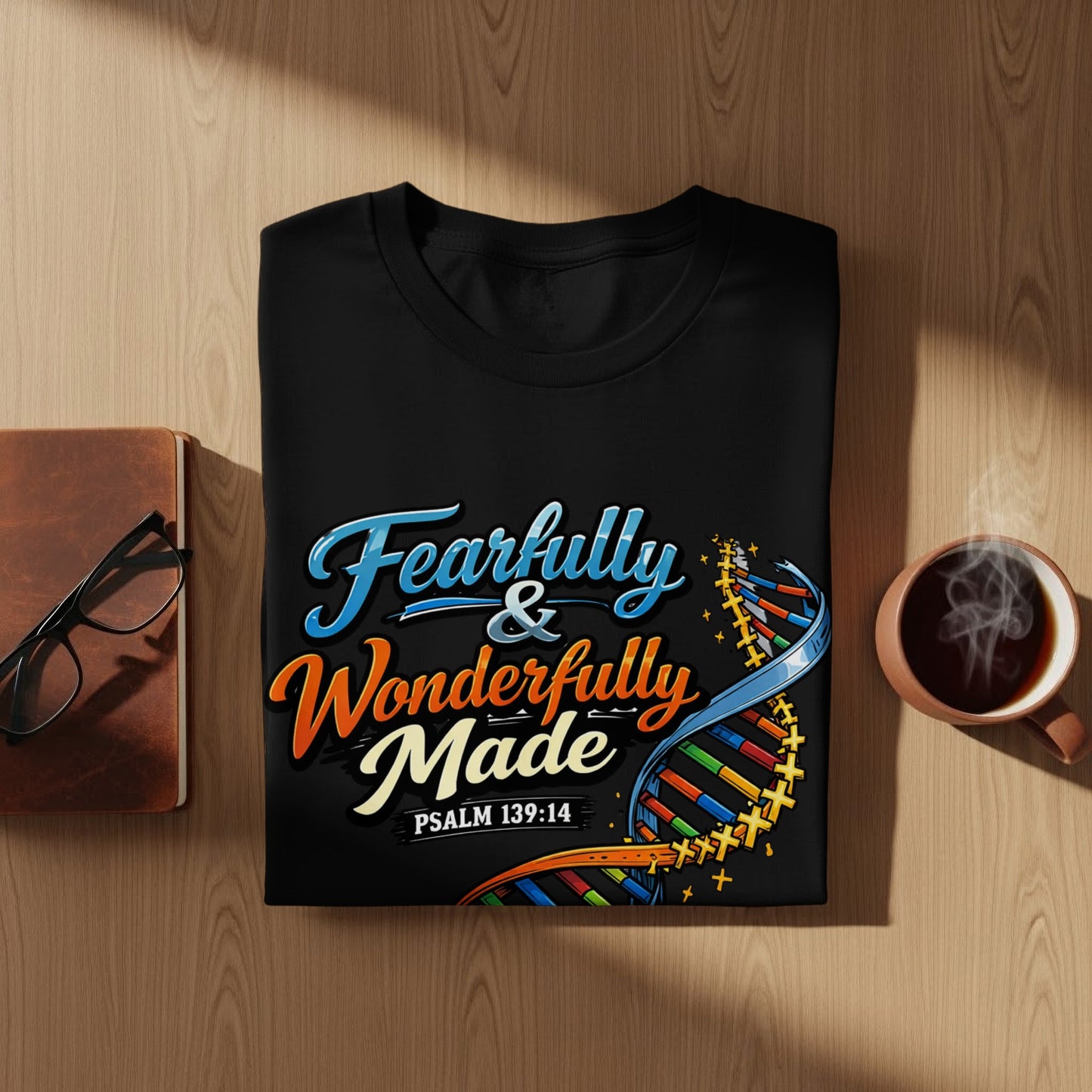 Black t-shirt with "Fearfully & Wonderfully Made" text and DNA graphic.