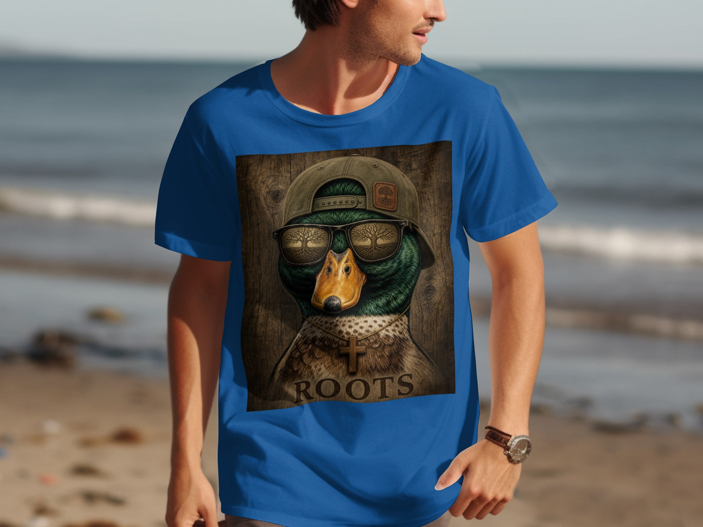 Mallard duck wearing sunglasses and a hat with "ROOTS" text and a cross necklace.