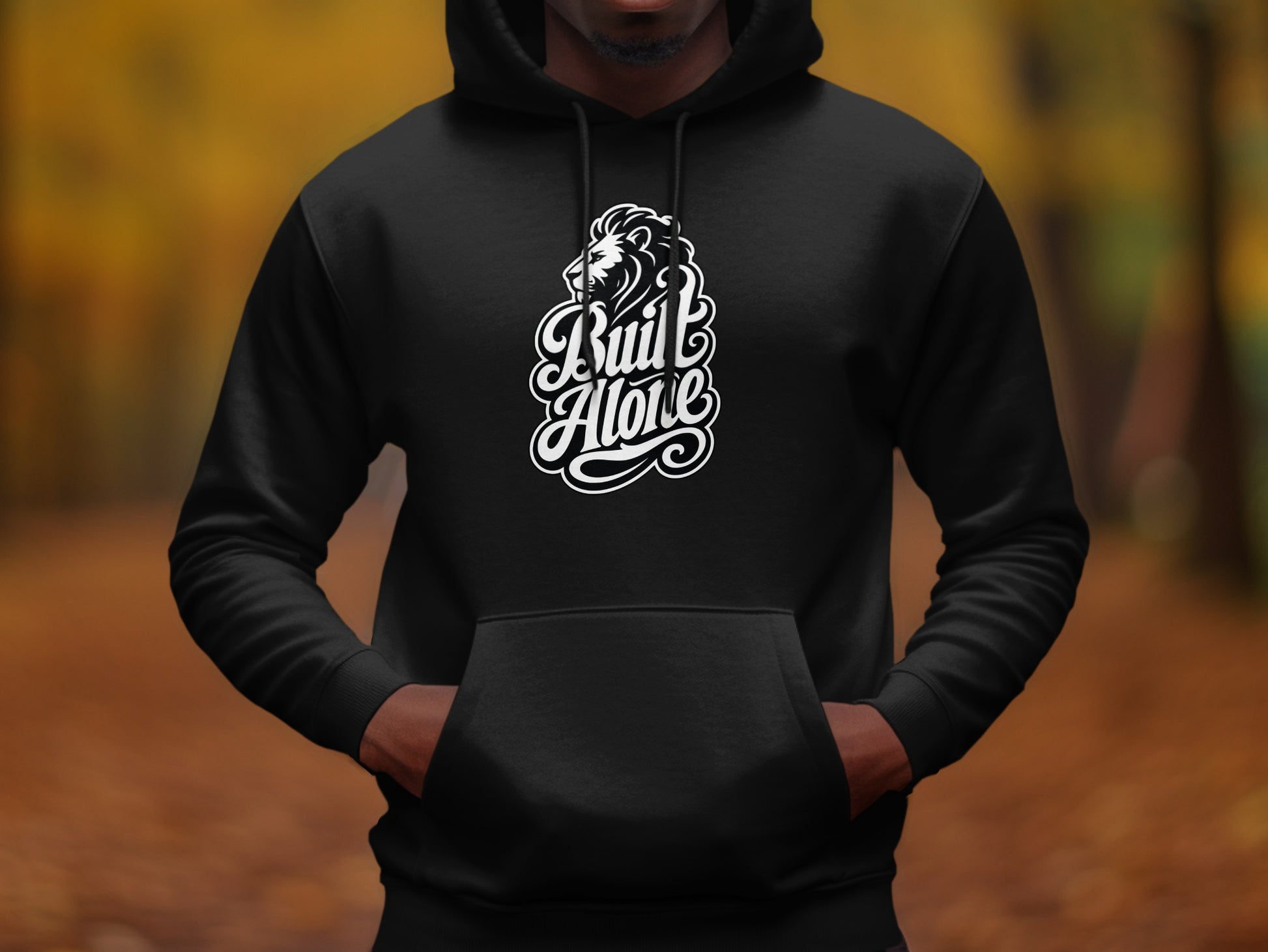 Black hoodie with white "Built Alone" text and lion graphic.