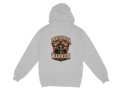 Light gray hoodie with a graphic of a warrior, cross, and text.