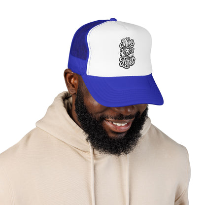Blue and white trucker hat with "Move First" text and lion graphic.