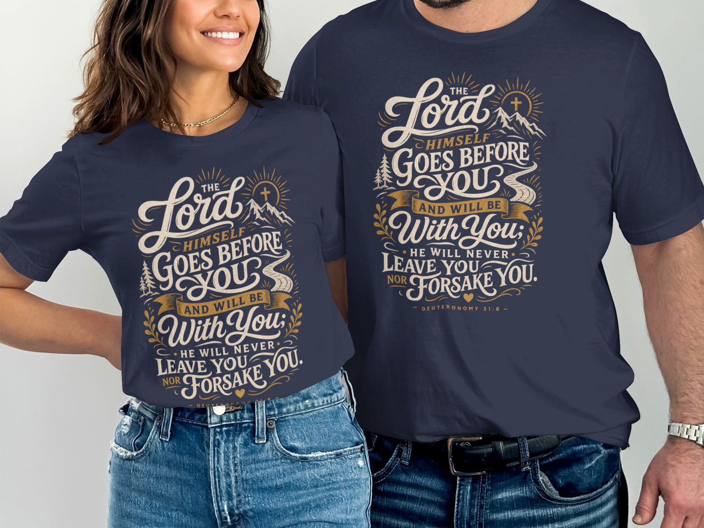 Navy t-shirts with "The Lord Himself Goes Before You and Will Be With You" text.