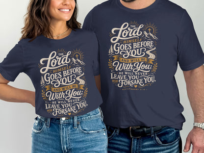 Navy t-shirts with "The Lord Himself Goes Before You and Will Be With You" text.