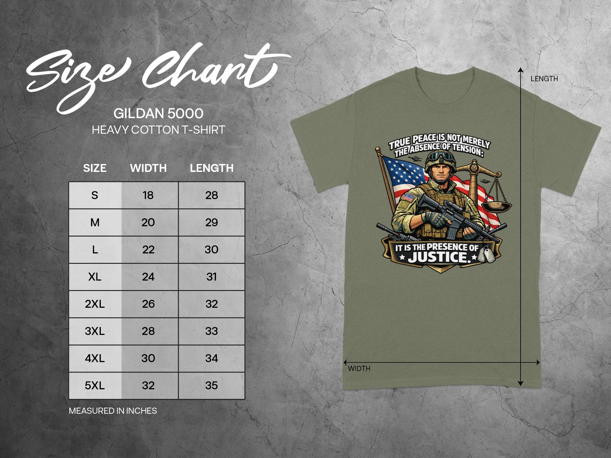 Gildan 5000 t-shirt size chart and graphic with soldier, flag, scales, and text.