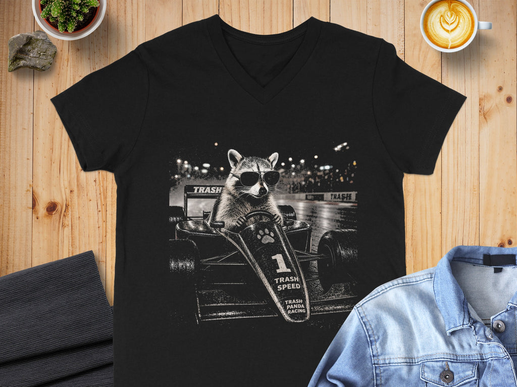Black t-shirt with raccoon in race car graphic: Trash Speed, Trash Panda Racing.